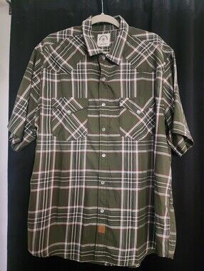 Men Dubinik Olive Green Plaid Short-Sleeve Button-Up Pearl Snap Shirt XL Western